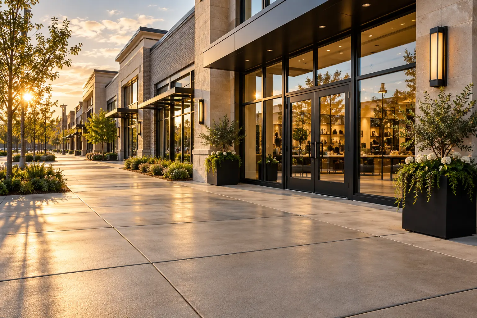 Modern commercial storefronts and clean pedestrian entrances