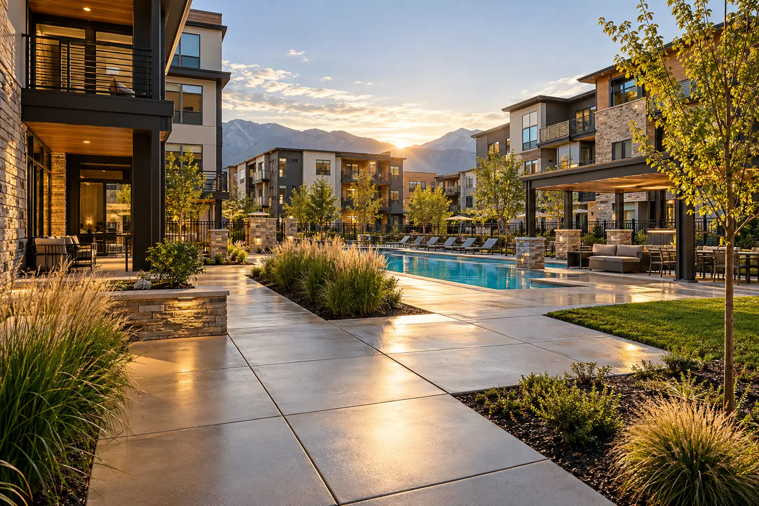 An apartment community with landscaped shared walkways and pool deck