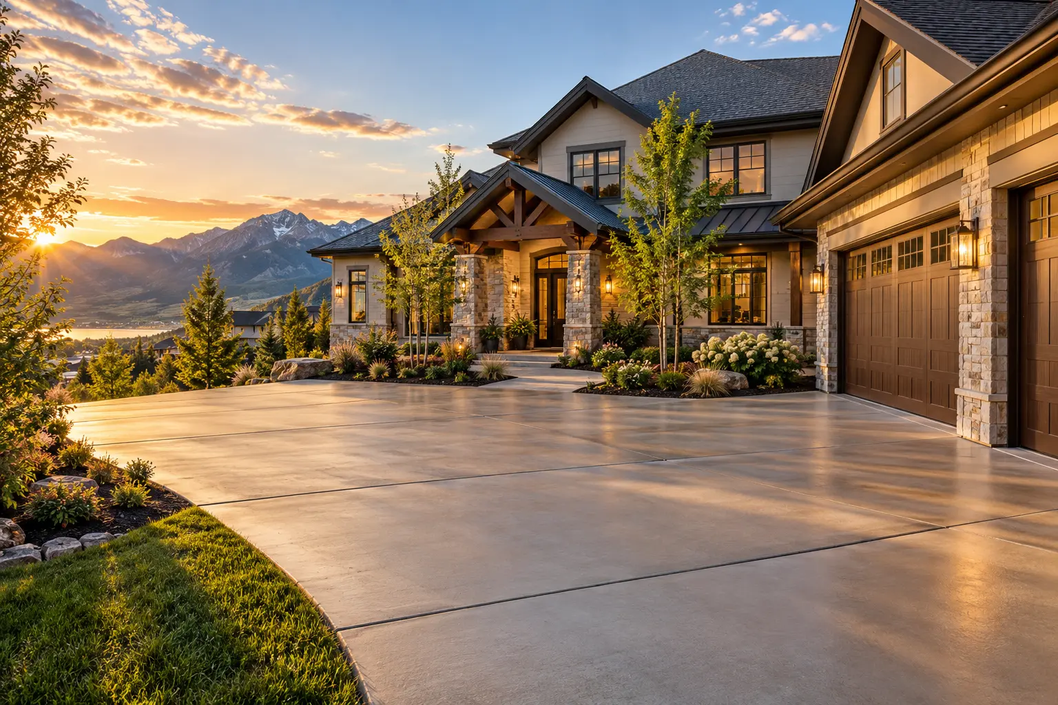 A Utah home with a clean concrete driveway and landscaped entry